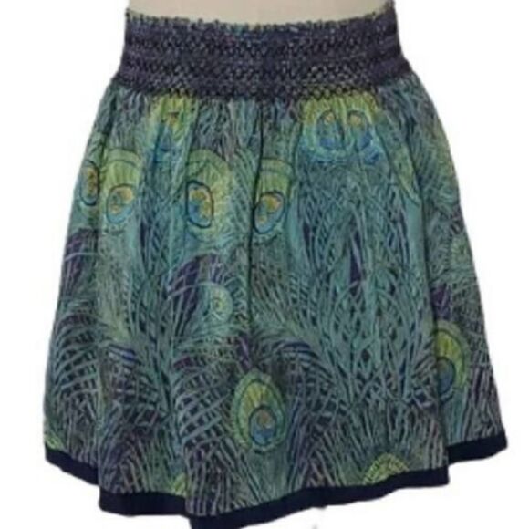 Anthropologie Silk Skirt Peacock Feather Print Kimchi Blue - Picture 3 of 14